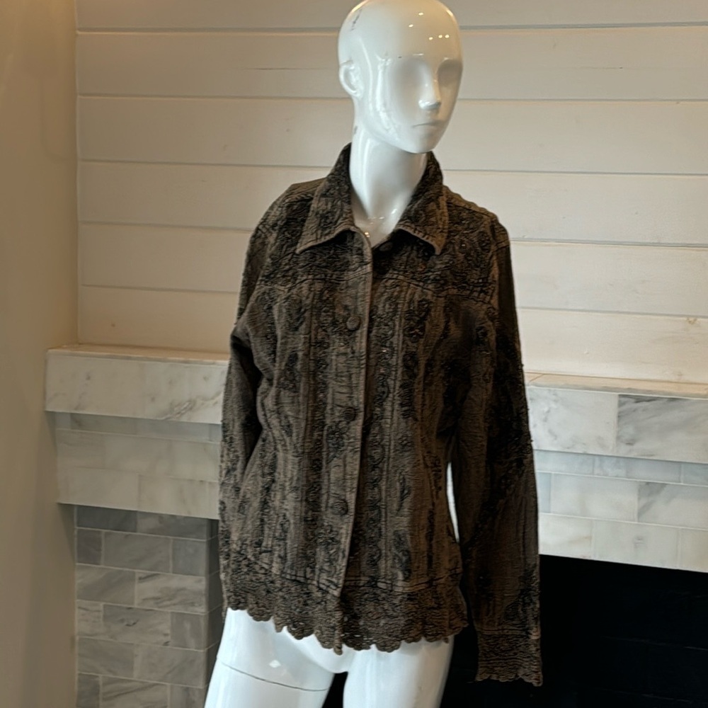 Urban Tribe Brown Cotton Enbroidered & Beadrd Jacket with Crochet Trim Size M